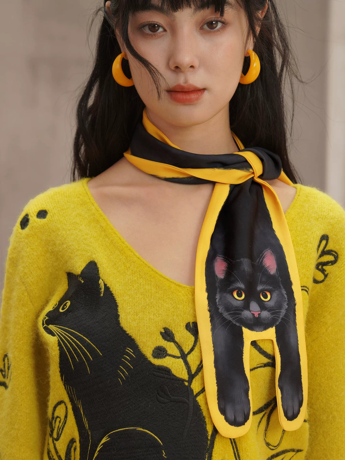 Black Cat Print Long Scarf product view 2