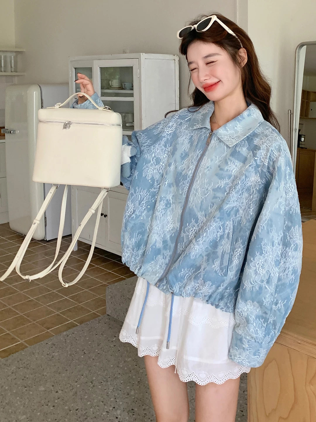 Lace-Panel Blue Denim Jacket product view 2