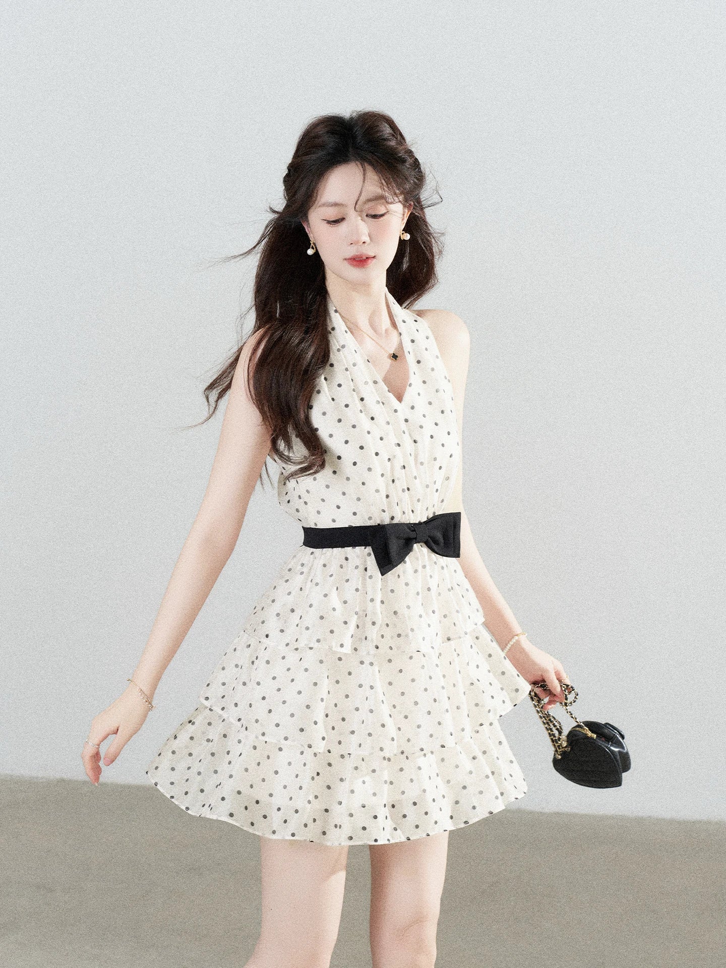 Polka-Dot Bow Halter Mini Dress product view 1