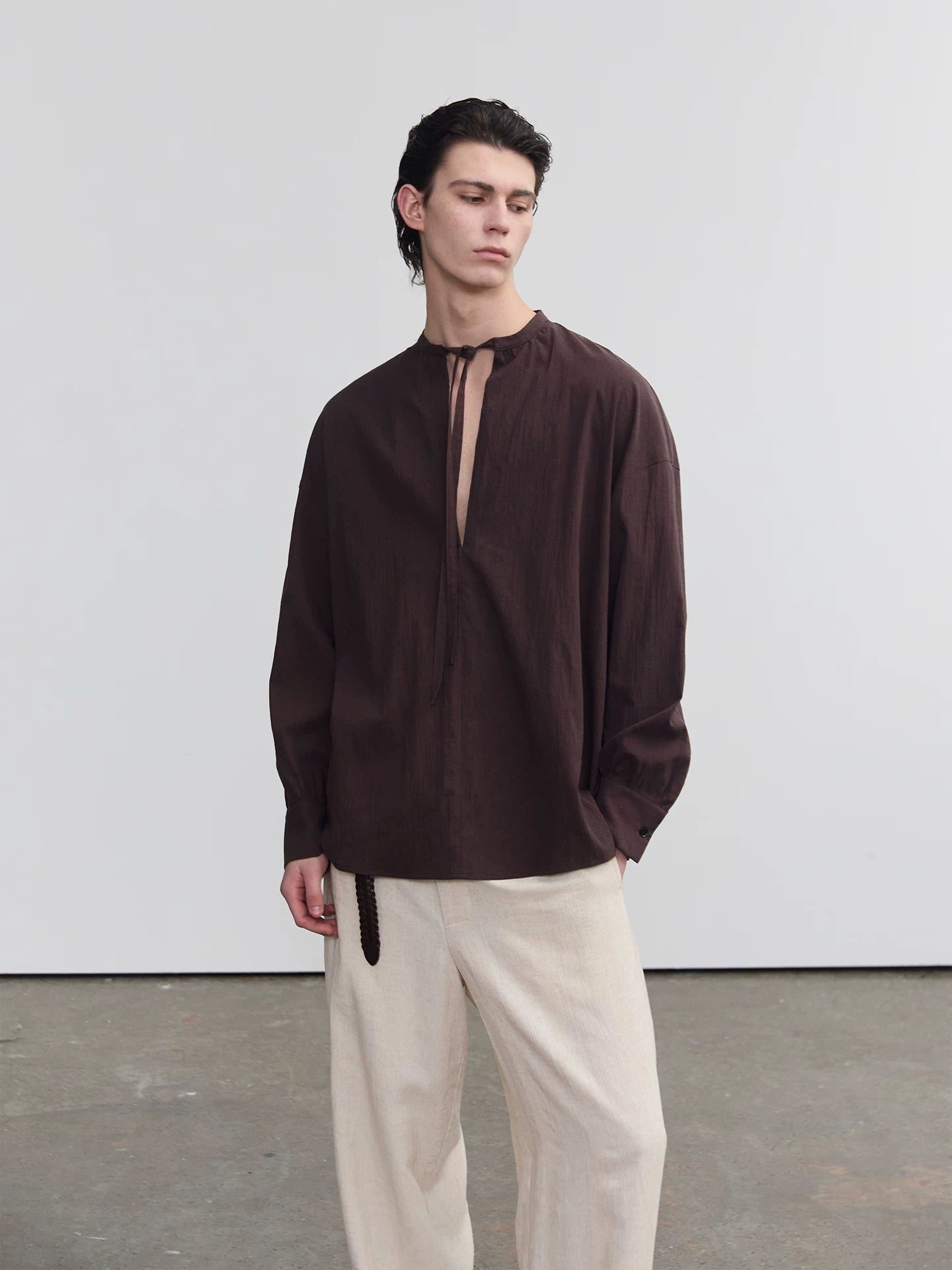 Ribbon-Tie Relaxed Long-Sleeve Shirt product view 2