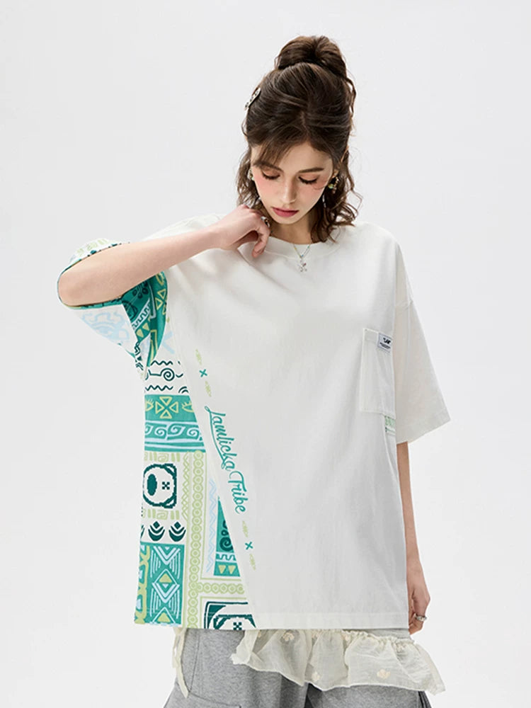 Ethnic Panel Oversized Cotton T-Shirt White front view