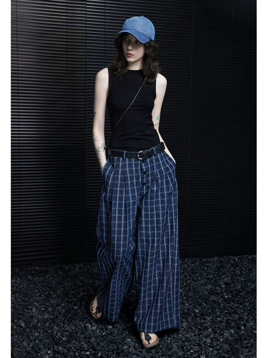 Blue Plaid Wide-Leg Trousers product view 3