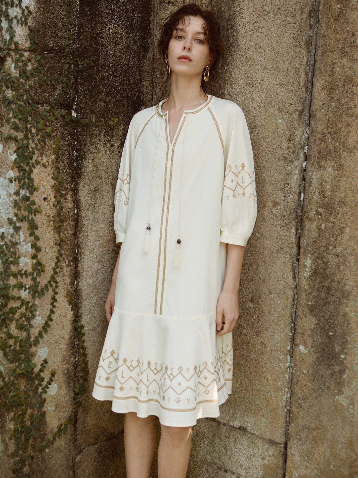 Embroidered Balloon-Sleeve Shift Dress product view 2