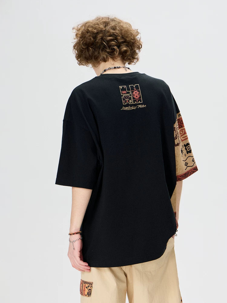 Ethnic Panel Oversized Cotton T-Shirt Black back view