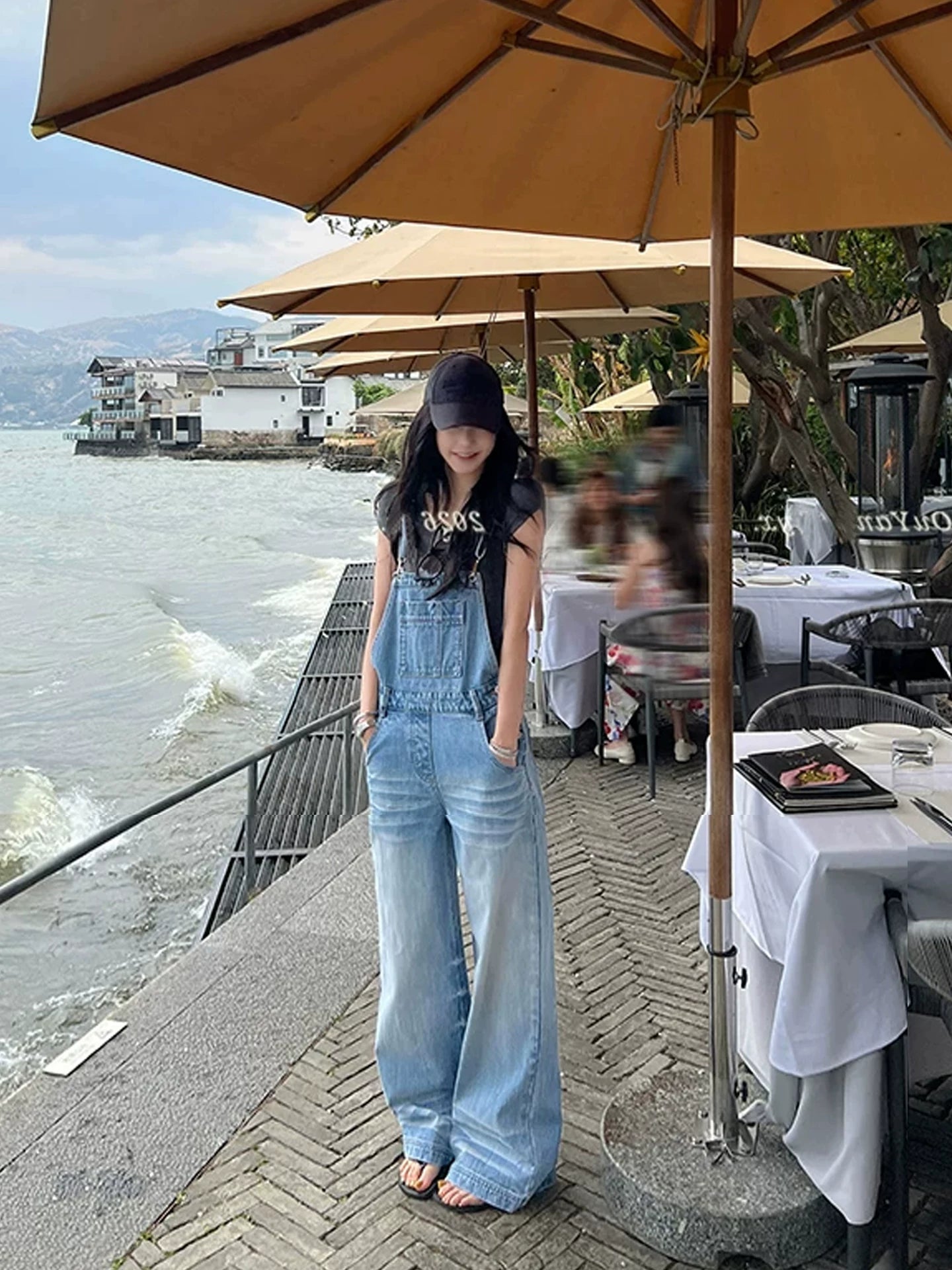 Washed Wide-Leg Denim Overalls product view 3