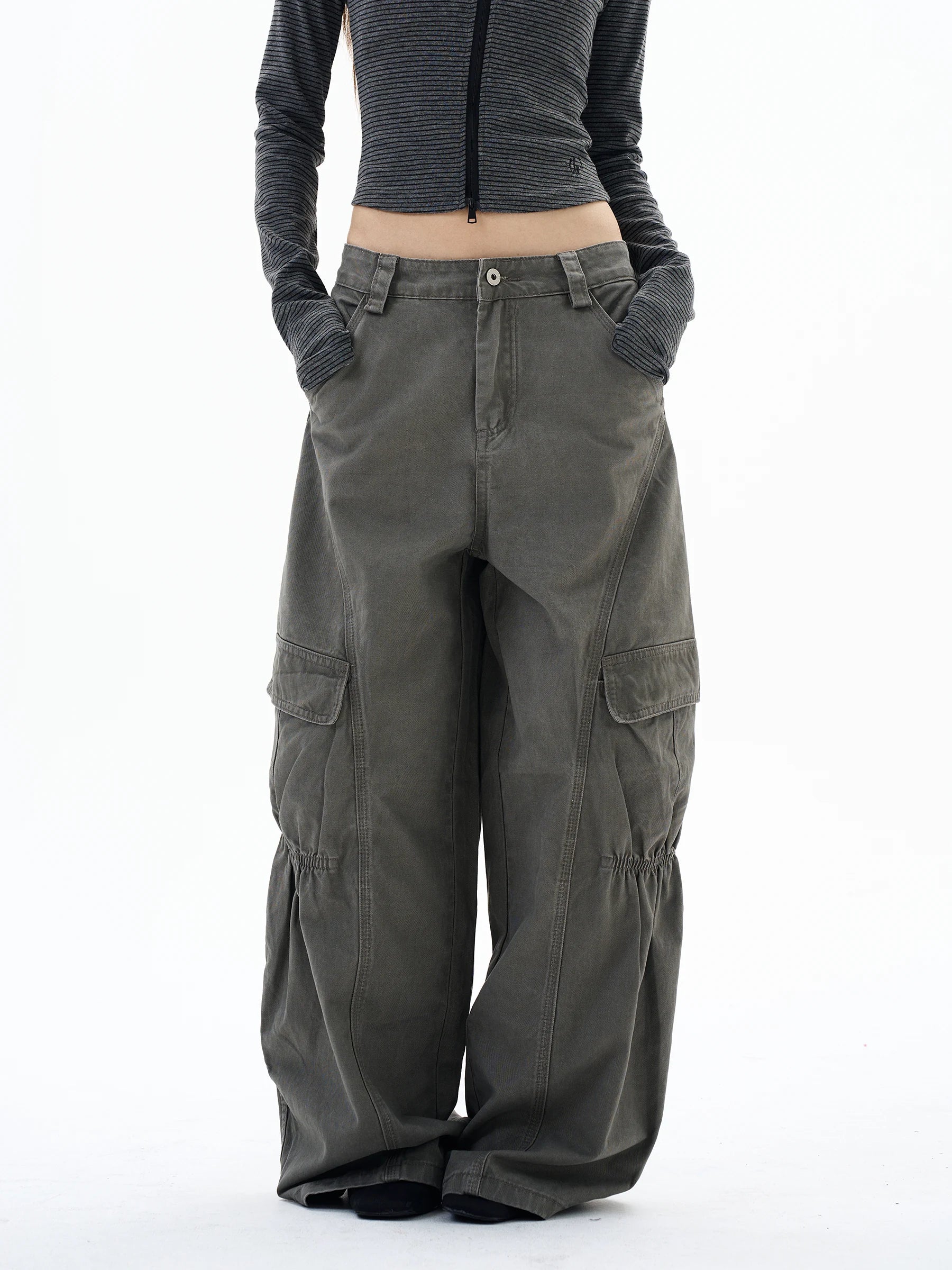 Washed Gathered-Knee Wide-Leg Cargo Pants product view 3