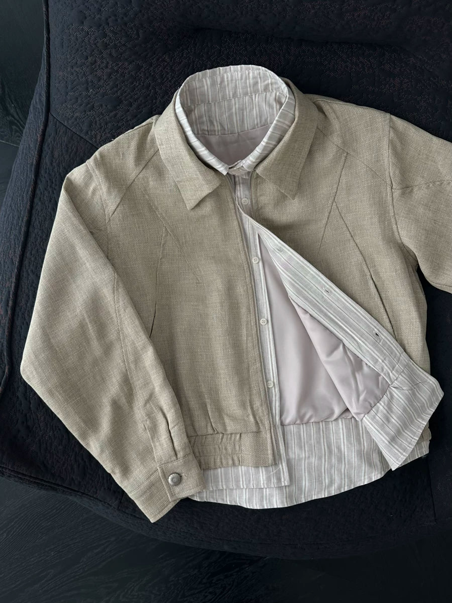 Layered-Collar Linen-Blend Zip Jacket product view 4