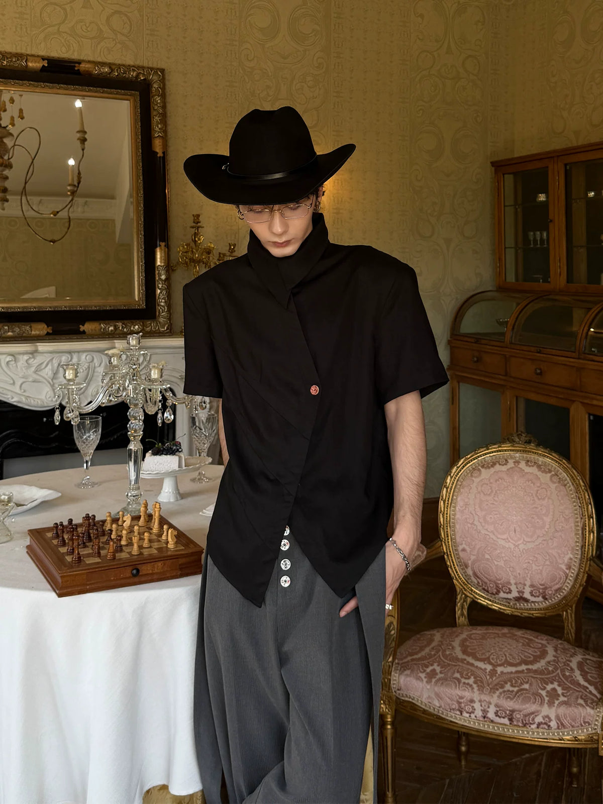 Asymmetric Fold-Collar Short-Sleeve Shirt product view 7