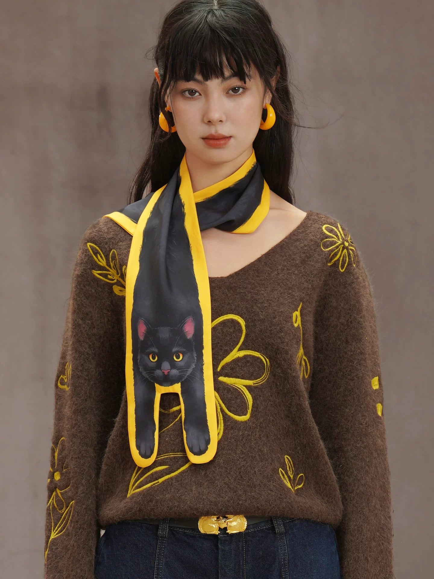 Black Cat Print Long Scarf product view 4
