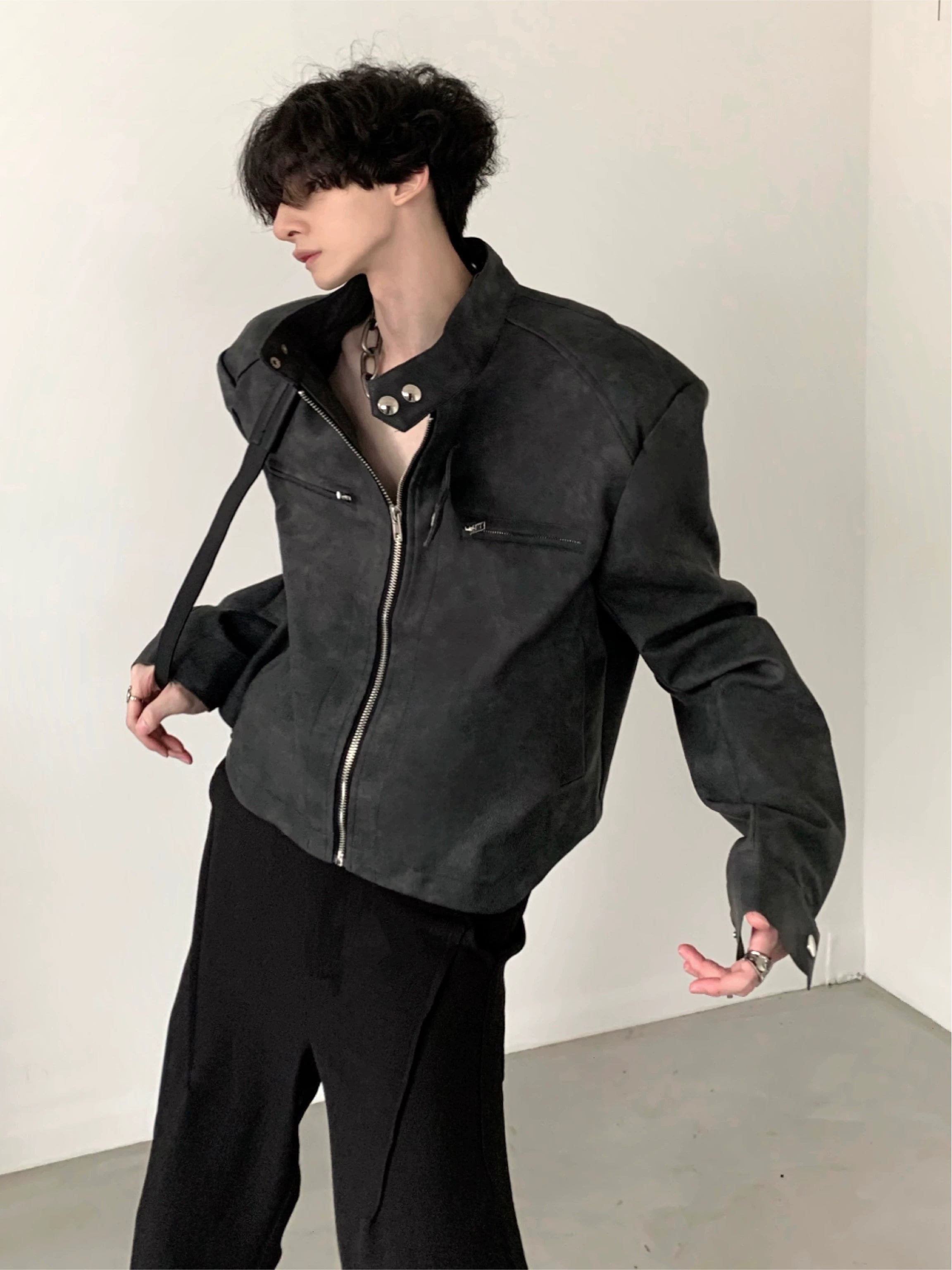 Distressed Padded-Shoulder Moto Jacket product view 2
