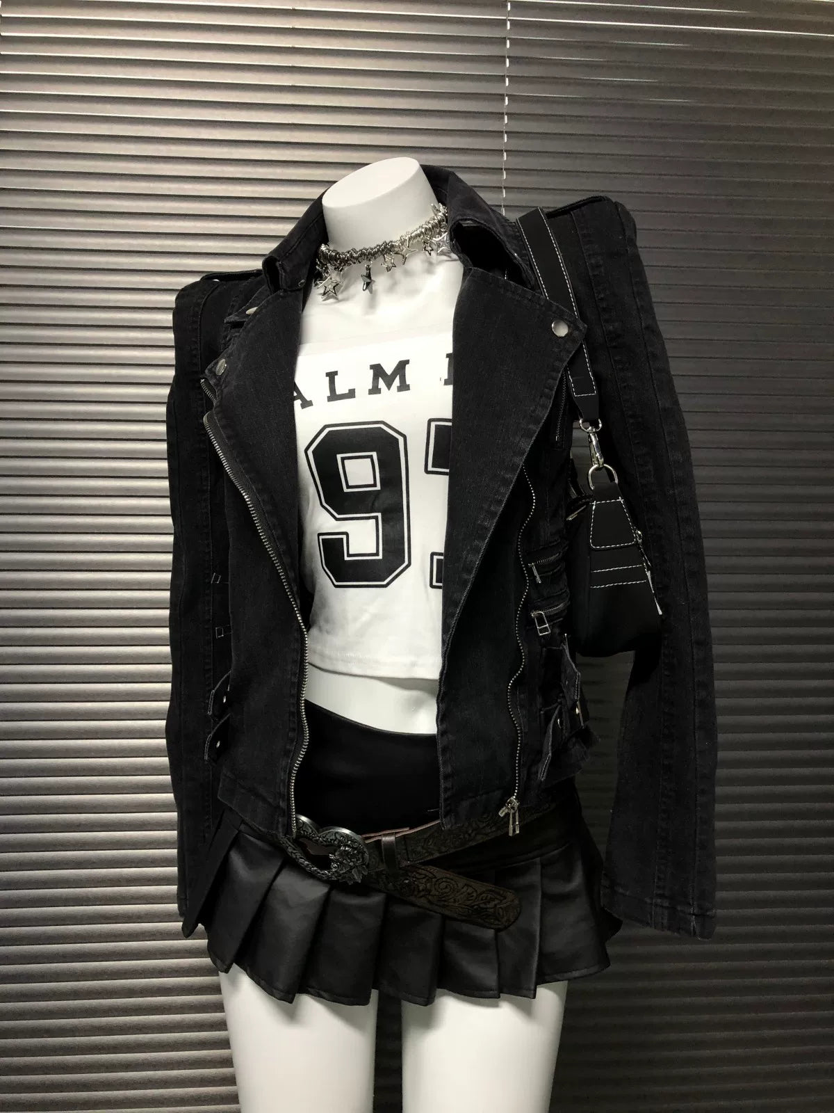 Buckle-Detailed Black Denim Moto Jacket product view 4