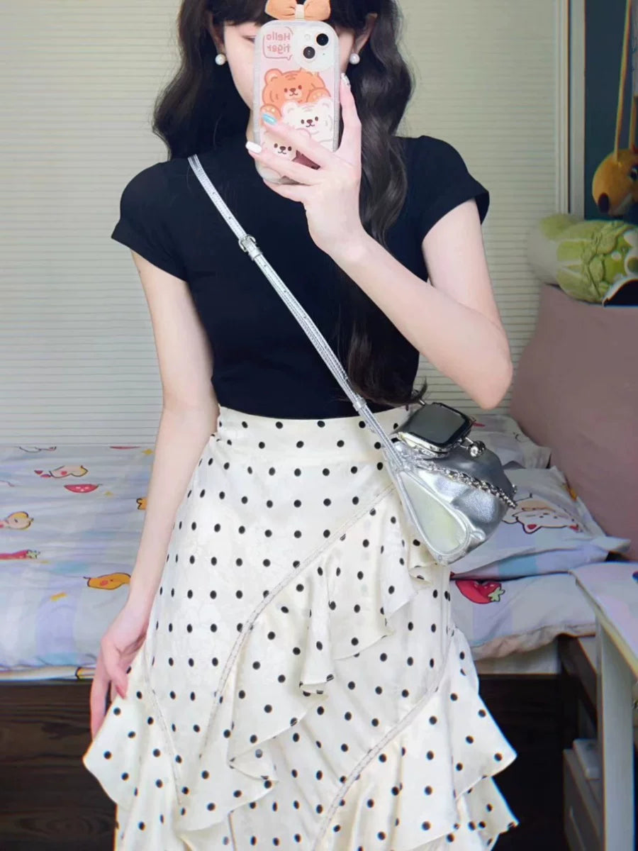 Polka-Dot Ruffle Skirt and Black Top Set product view 3