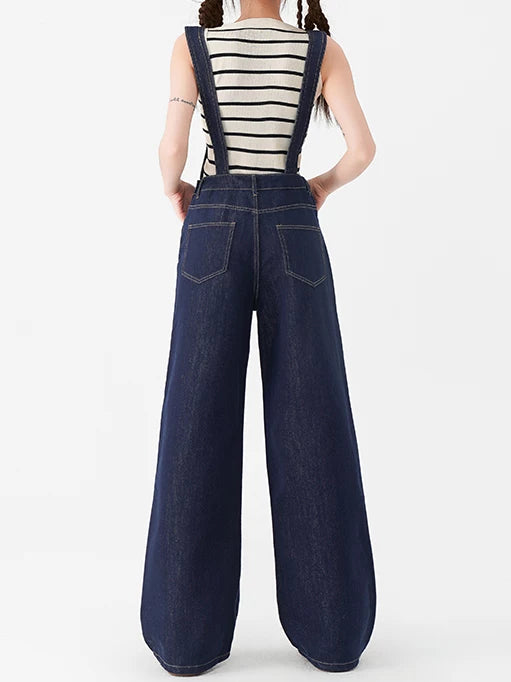 Dark-Wash Wide-Leg Denim Overalls product view 3