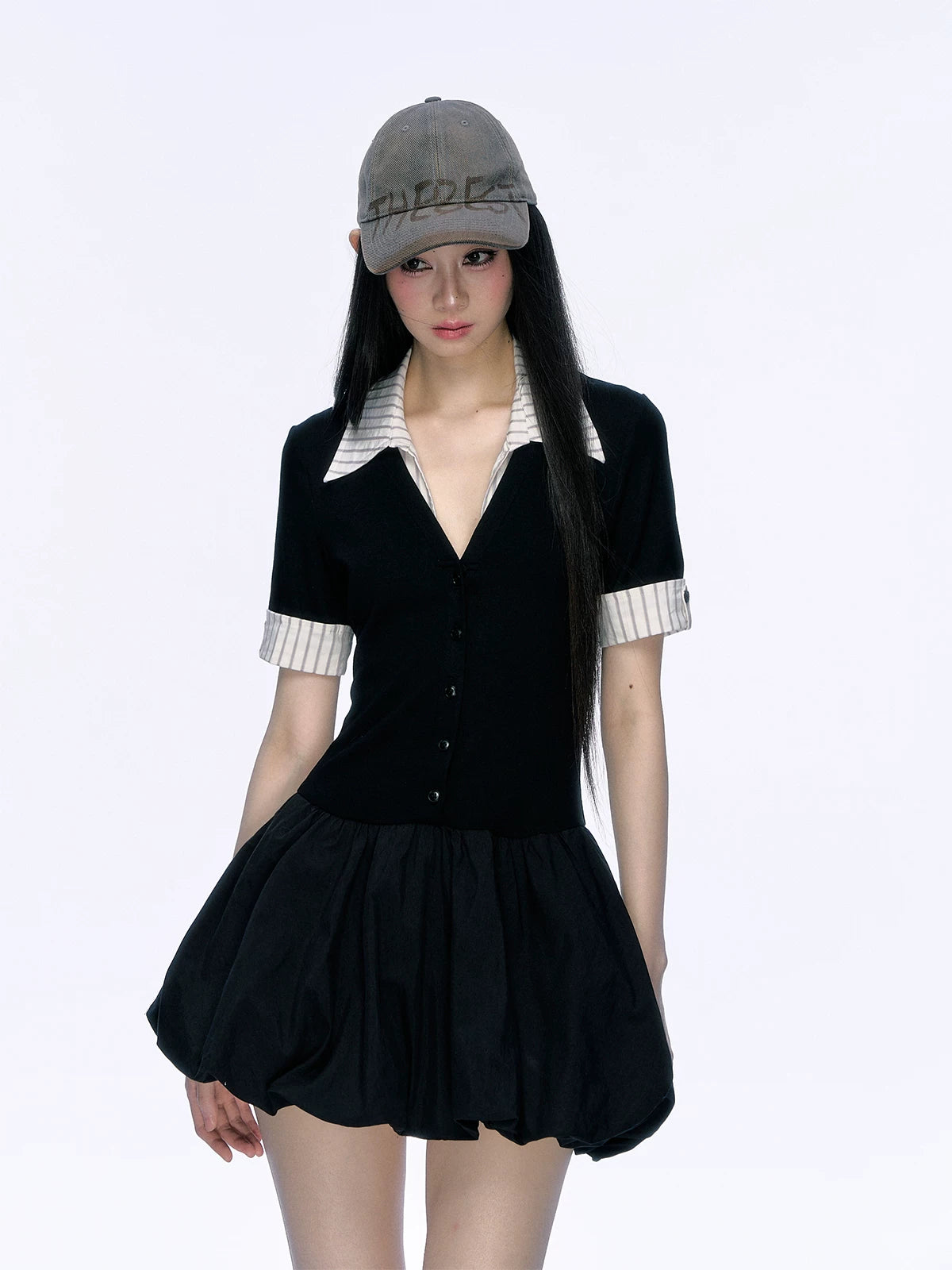 Contrast-Collar Ruffle-Hem Mini Dress product view 5