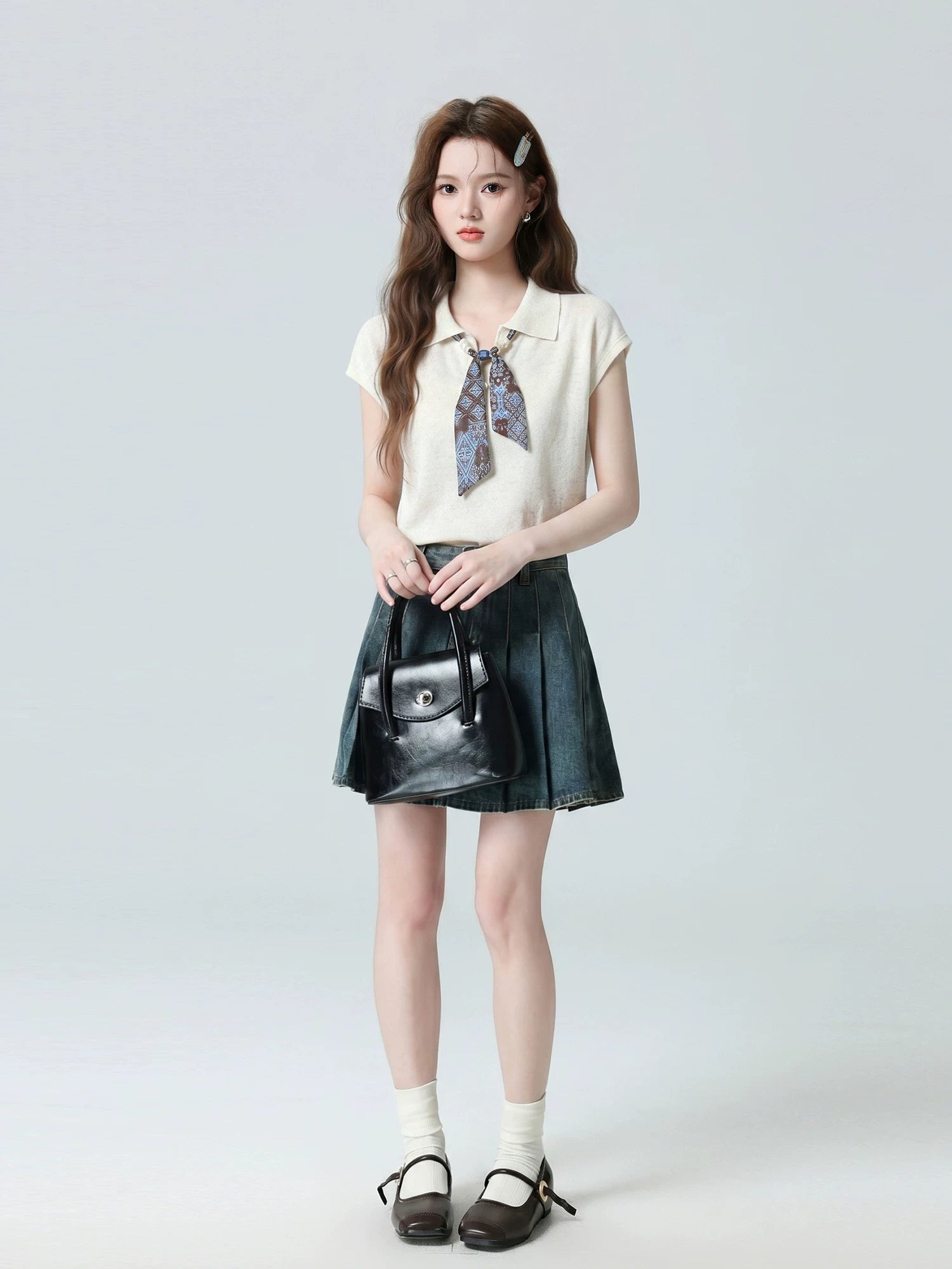 Scarf-Tie Oatmeal Polo Top product view 5