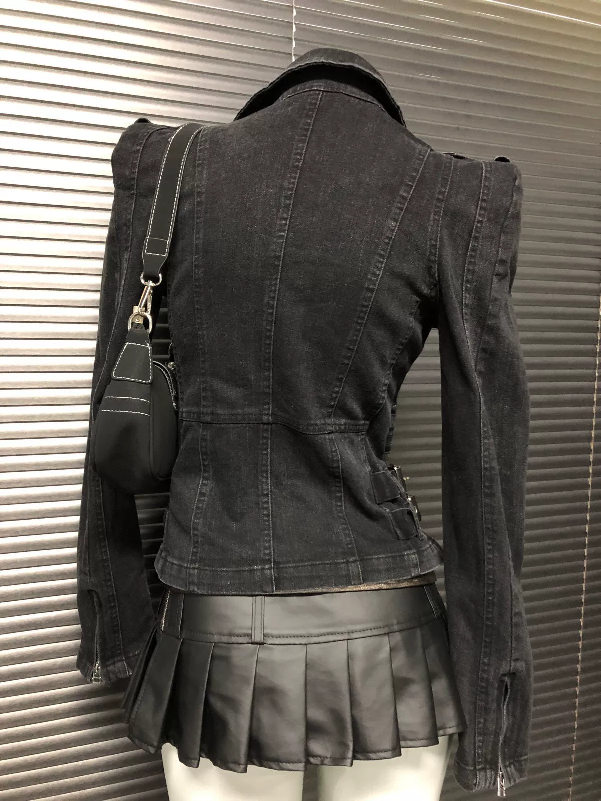 Buckle-Detailed Black Denim Moto Jacket product view 5