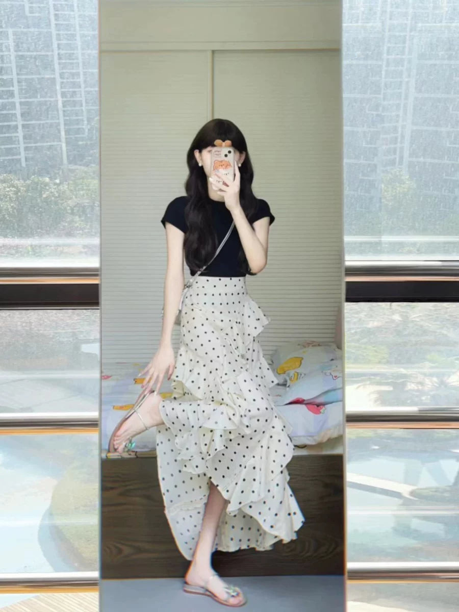 Polka-Dot Ruffle Skirt and Black Top Set product view 4