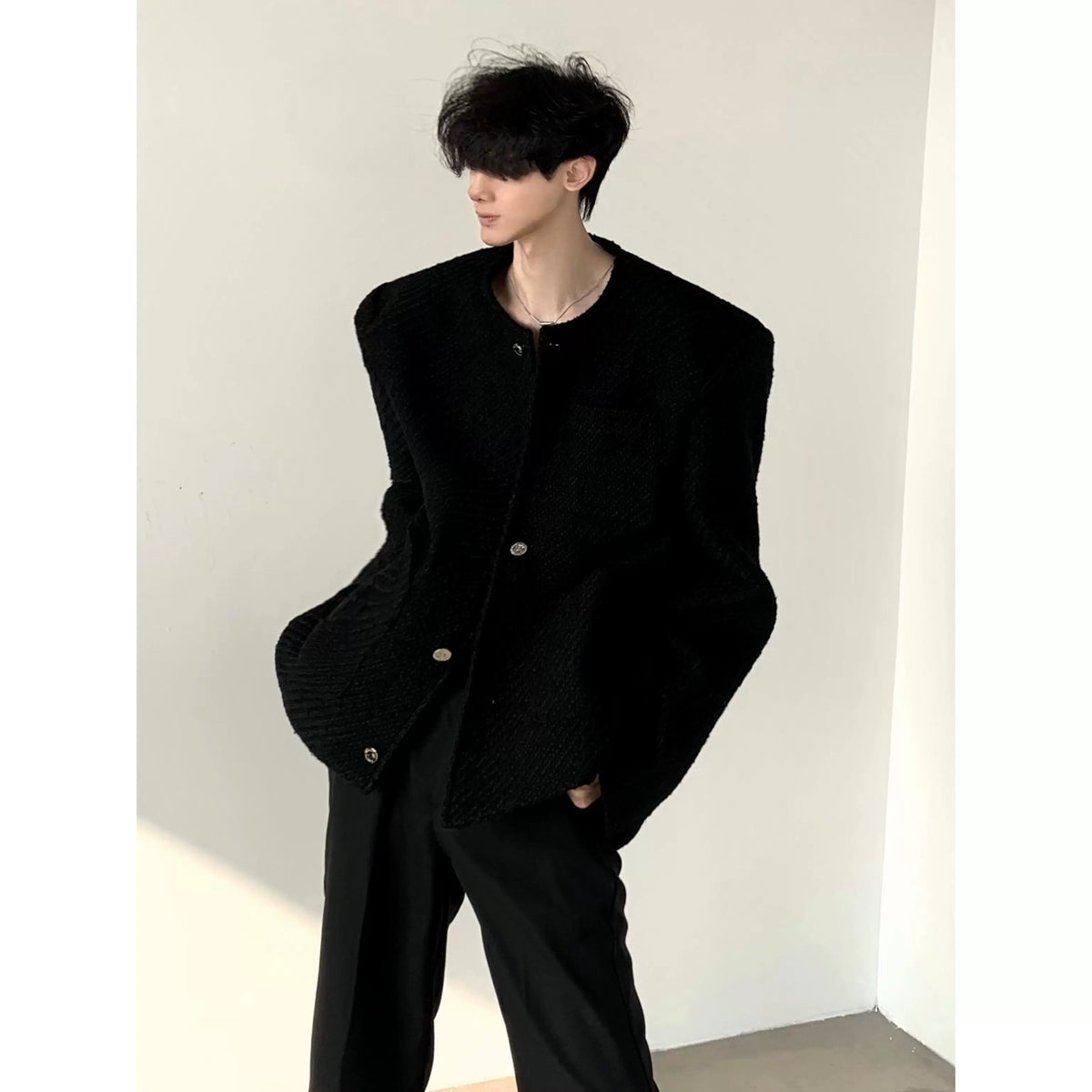 Collarless Tweed Shoulder-Pad Jacket product view 5