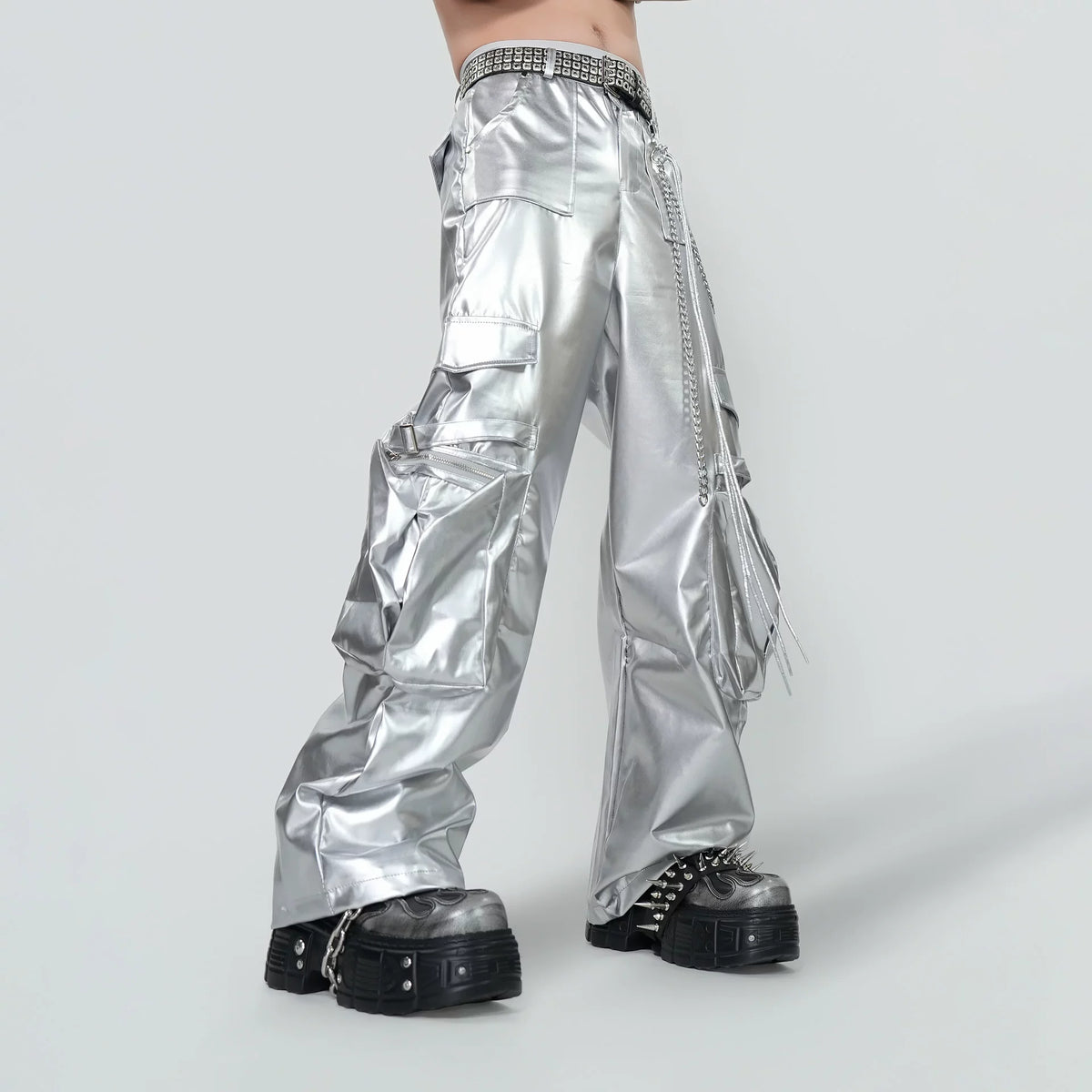 Silver Coated Wide-Leg Cargo Pants product view 1