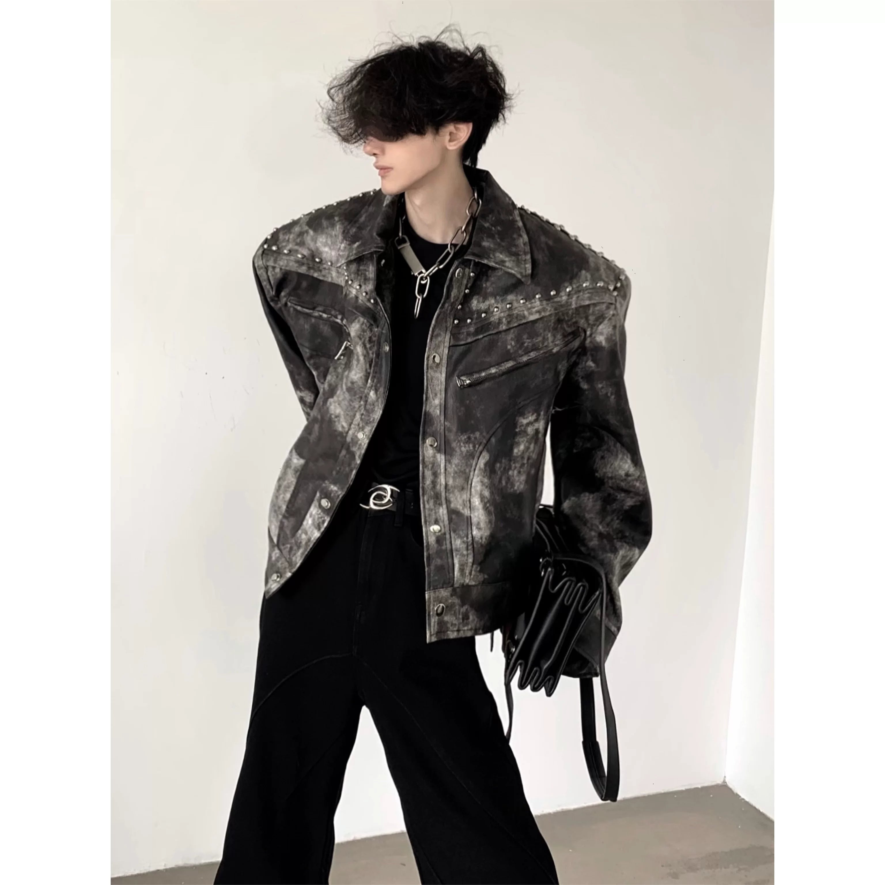 Studded Acid-Wash Moto Jacket product view 5