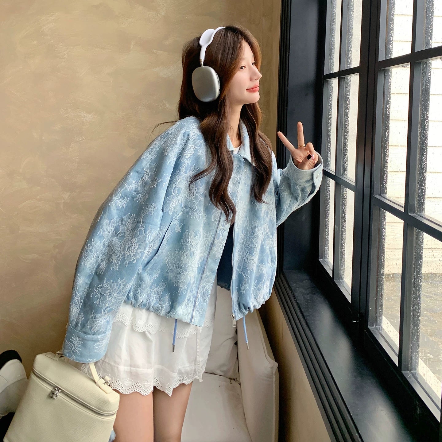 Lace-Panel Blue Denim Jacket product view 6
