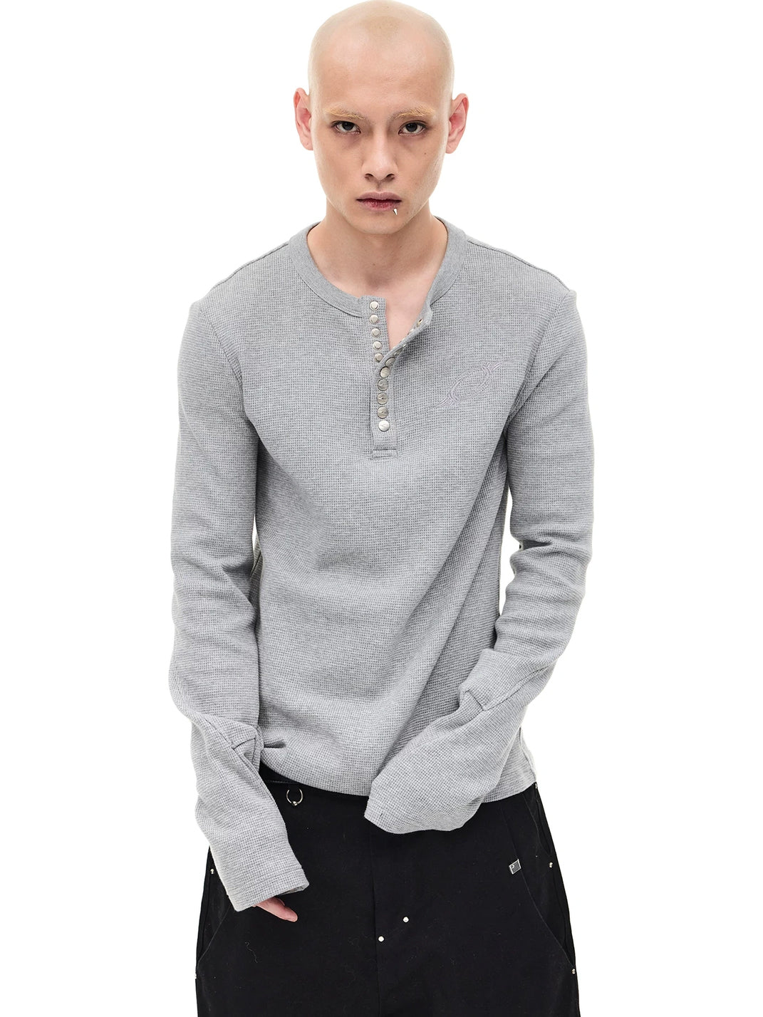 Metal-Snap Waffle Long-Sleeve Henley — product view 1