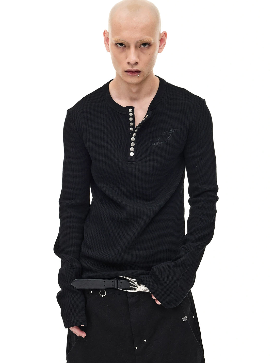 Metal-Snap Waffle Long-Sleeve Henley — product view 4