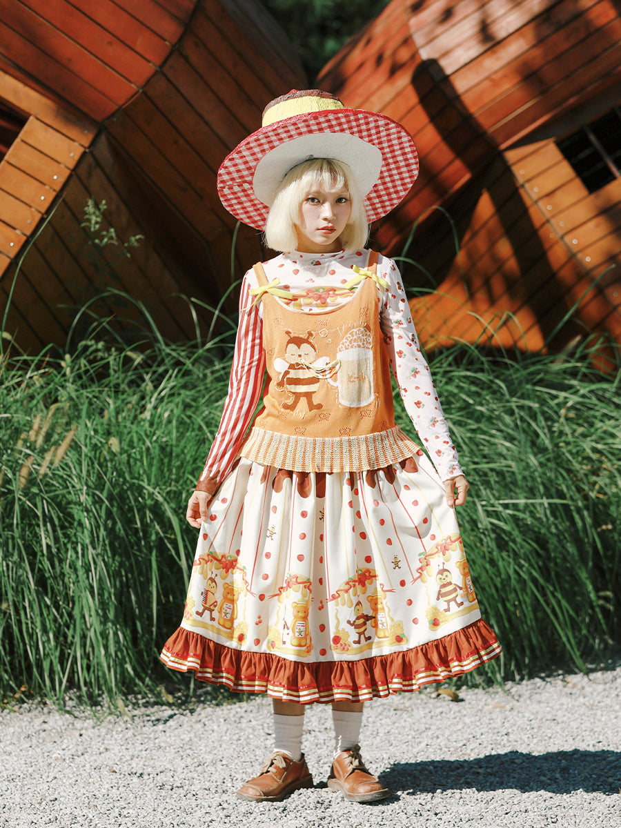 Chocolate Honey Bear Ruffle Midi Skirt