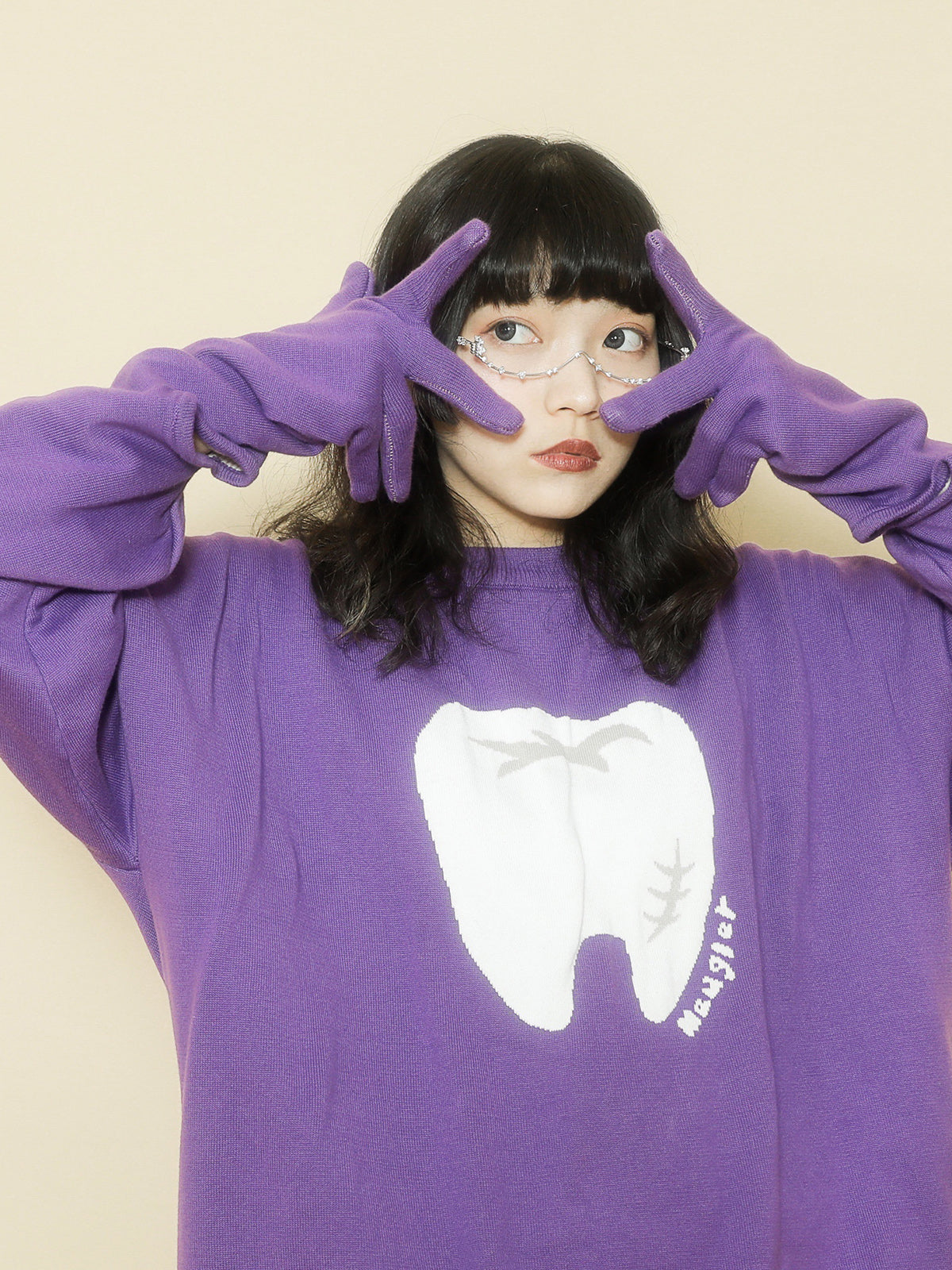 Purple Tooth Print Distressed Sweater with Hand-Shaped Sleeves