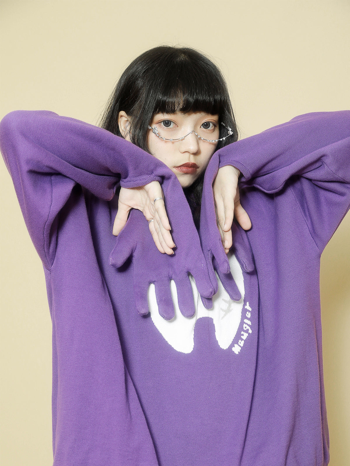 Purple Tooth Print Distressed Sweater with Hand-Shaped Sleeves