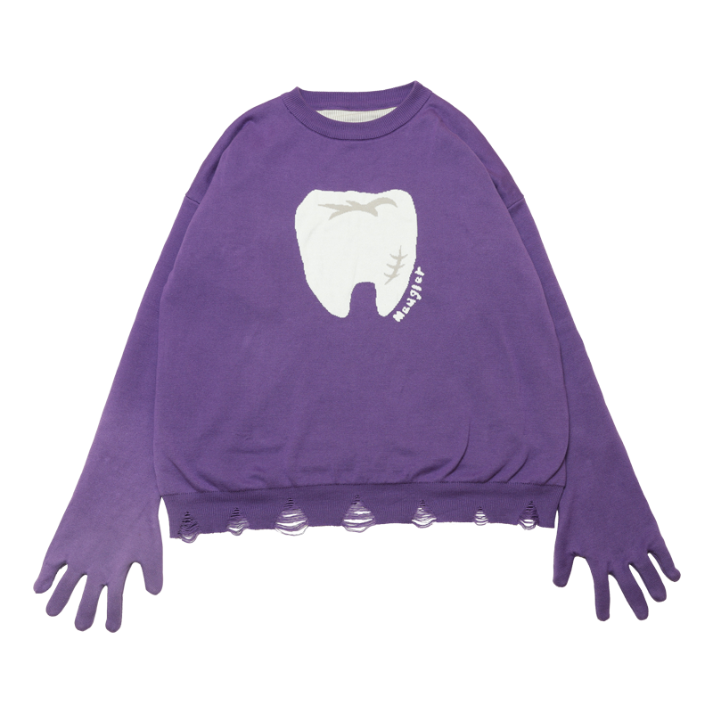 Purple Tooth Print Distressed Sweater with Hand-Shaped Sleeves