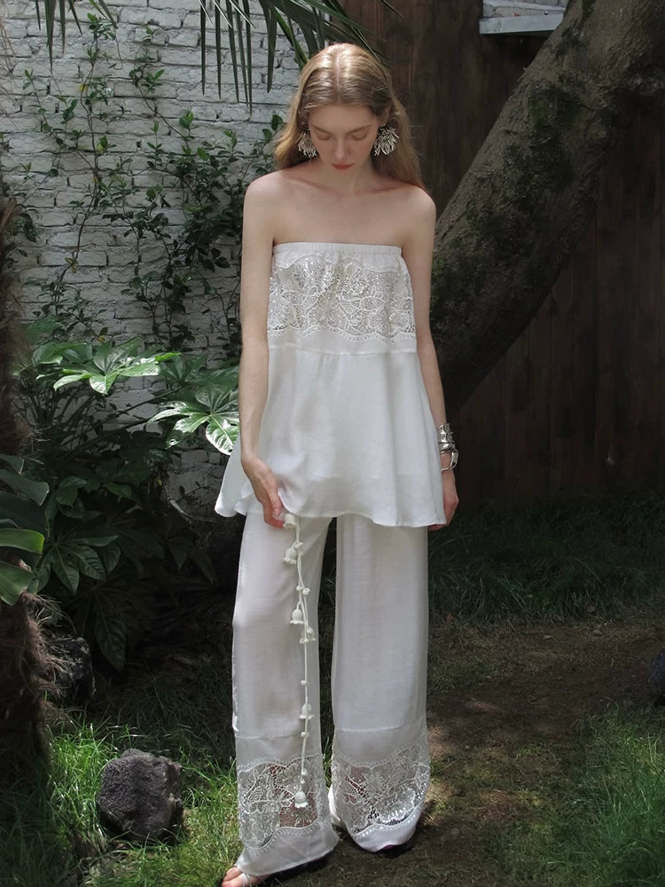 Moonlit beaded lace tube top full front view