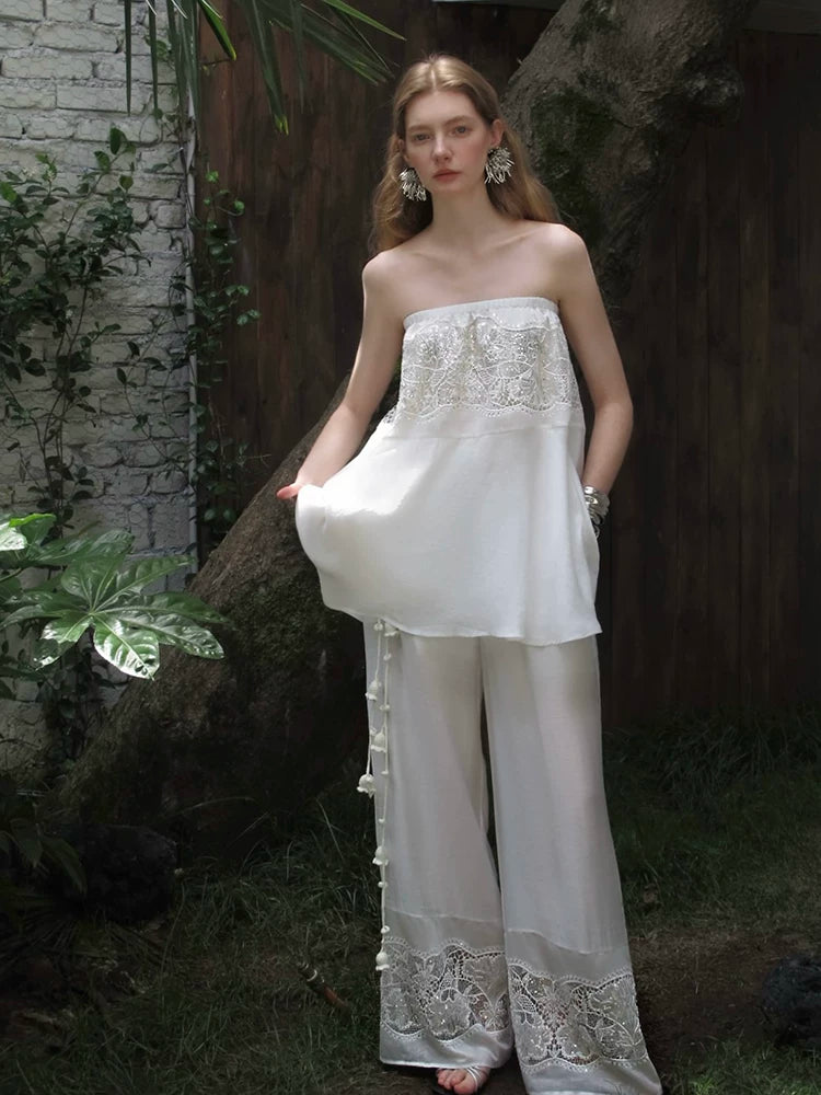 Moonlit beaded lace tube top styled with matching wide-leg pants