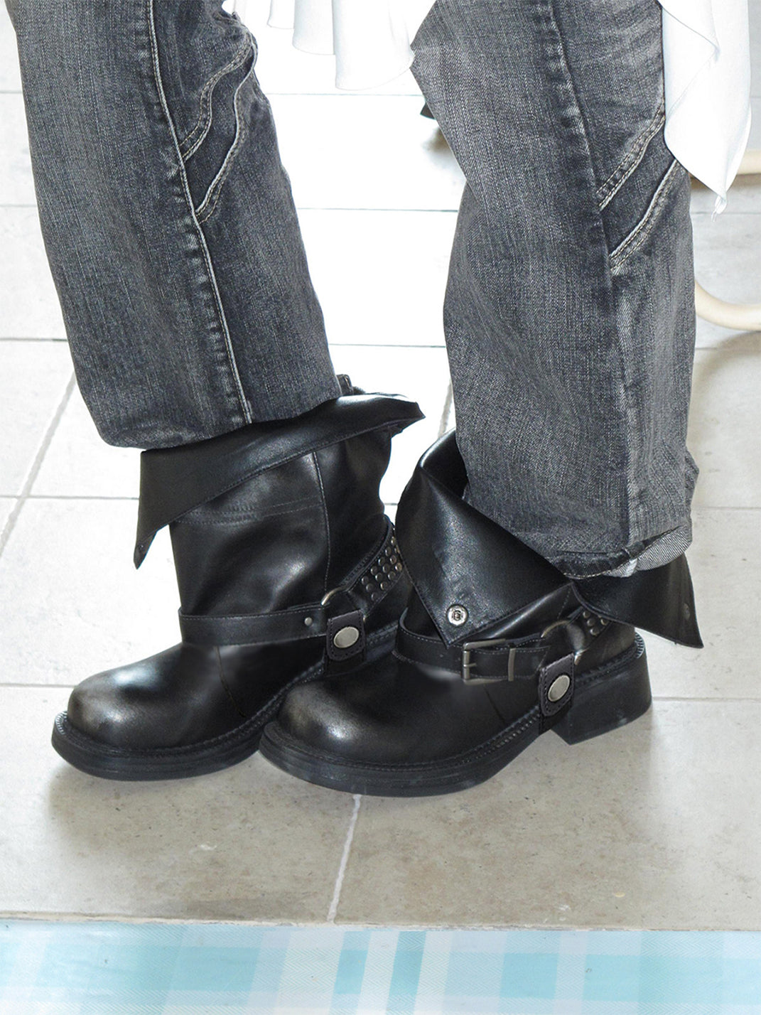 Triple-Buckle Leather Biker Ankle Boots - View 2