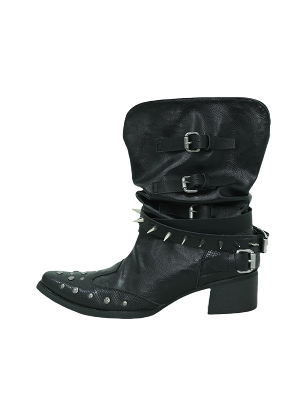 Rivet-Buckle Pointed-Toe Ankle Boots