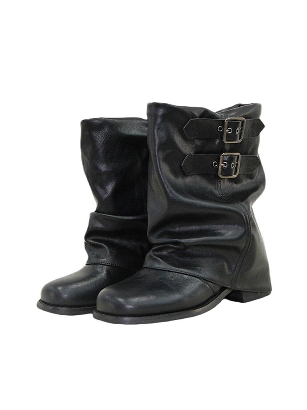 Black Buckled Wrinkle-Shaft Leather Boots - View 8