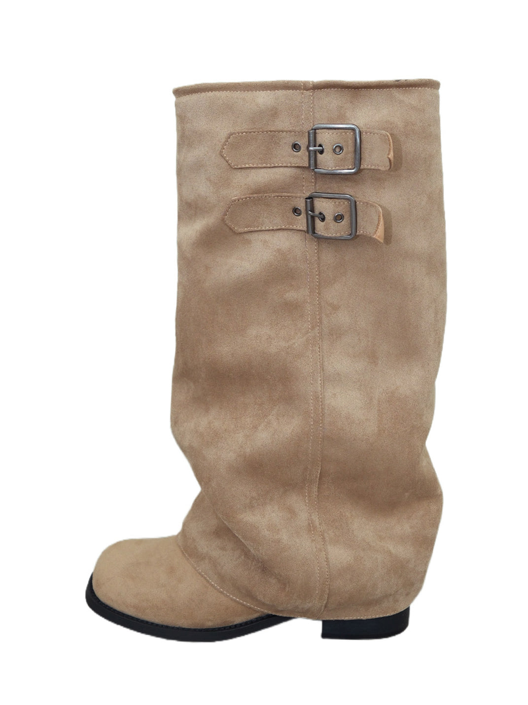 Camel Buckled Slouch-Shaft Leather Riding Boots