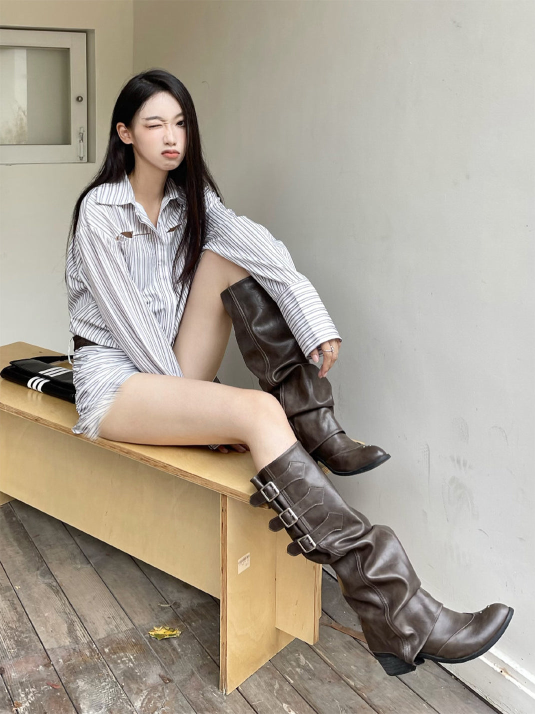Ruched Buckle Western Knee-High Boots - View 3