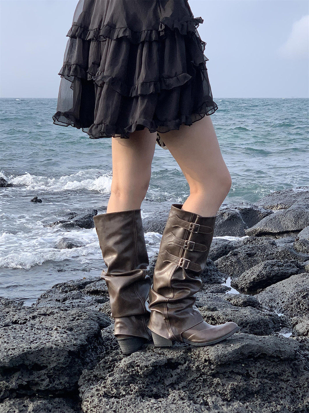 Ruched Buckle Western Knee-High Boots - View 7