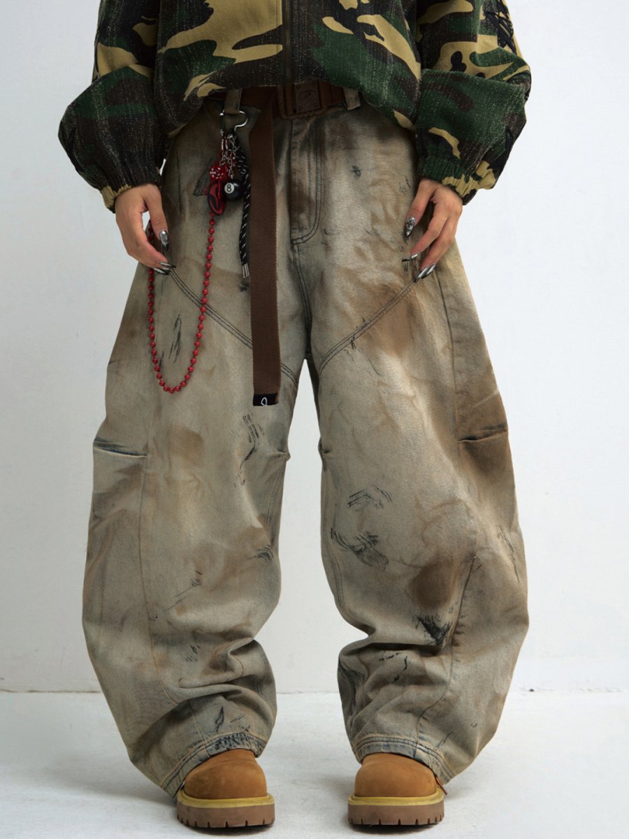 Washed Aged Wide-Leg Cargo Jeans