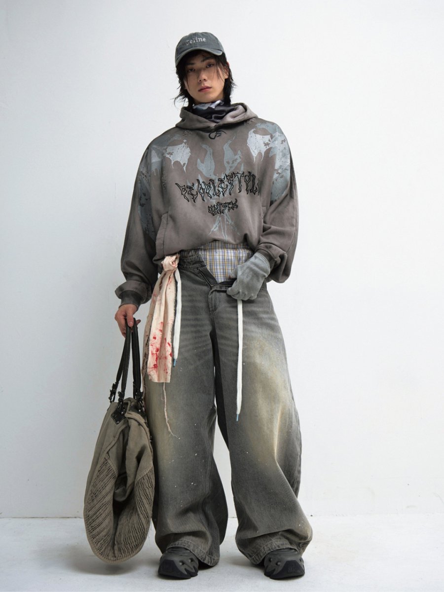 Drawstring Washed Grey Wide Leg Jeans