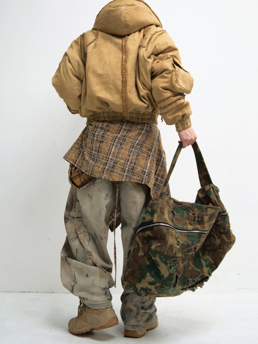 Washed Aged Wide-Leg Cargo Jeans