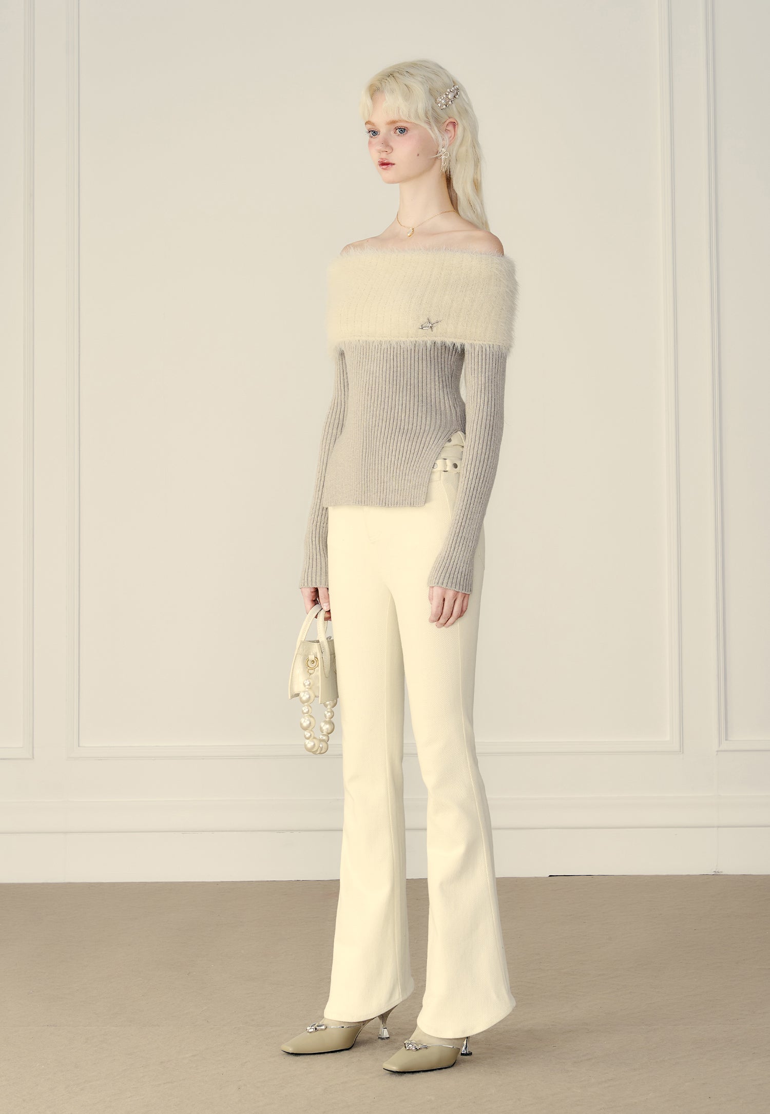 Thick Off-Shoulder Mink Cashmere Knit Sweater - chiclara