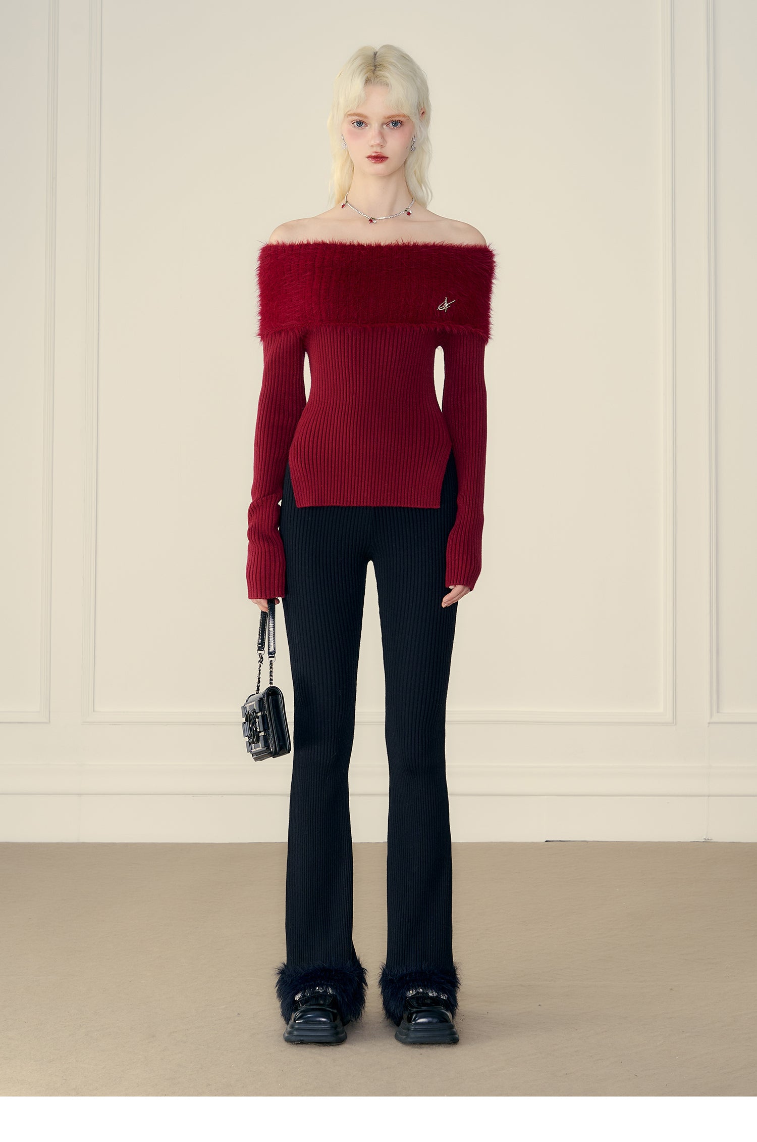 Thick Off-Shoulder Mink Cashmere Knit Sweater - chiclara