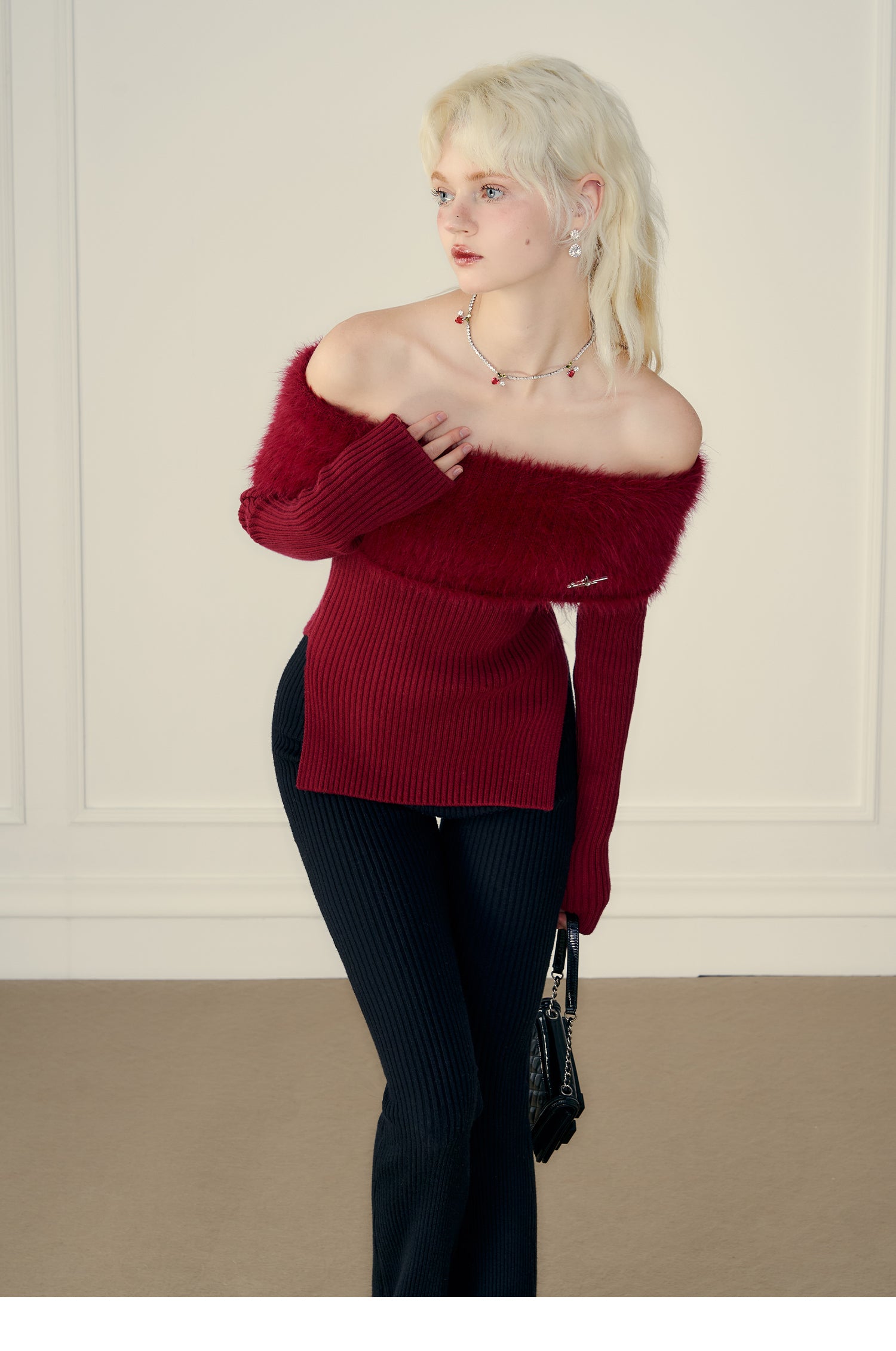 Thick Off-Shoulder Mink Cashmere Knit Sweater - chiclara