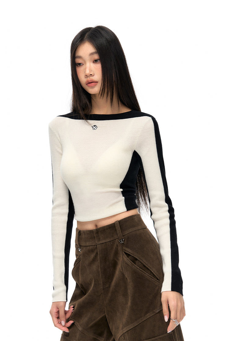 스트라이프 숄더 피팅 크롭 스웨터
