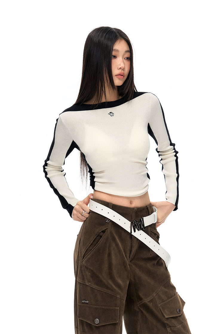 스트라이프 숄더 피팅 크롭 스웨터