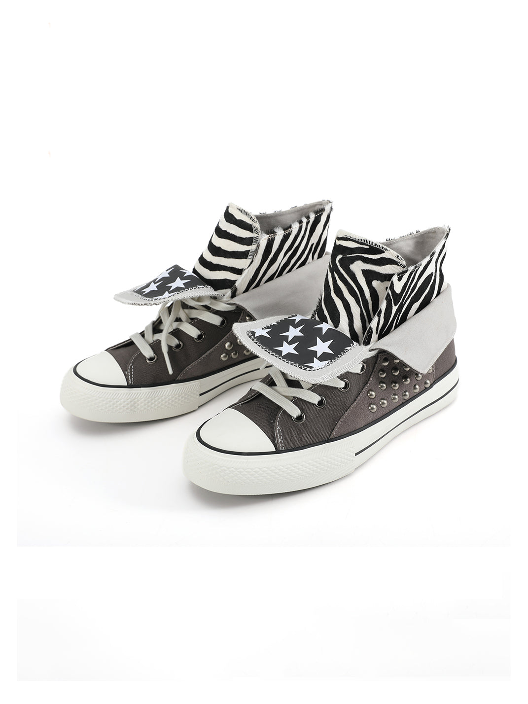 Zebra-Panel Studded Canvas High-Top Sneakers - View 4