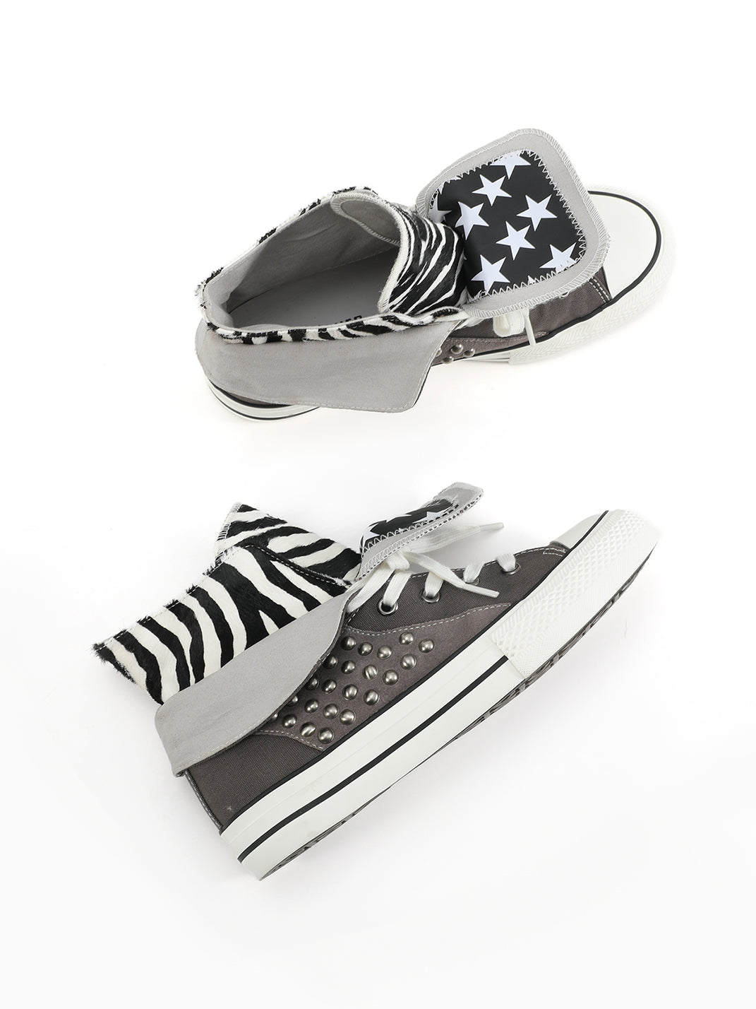 Zebra-Panel Studded Canvas High-Top Sneakers - View 5