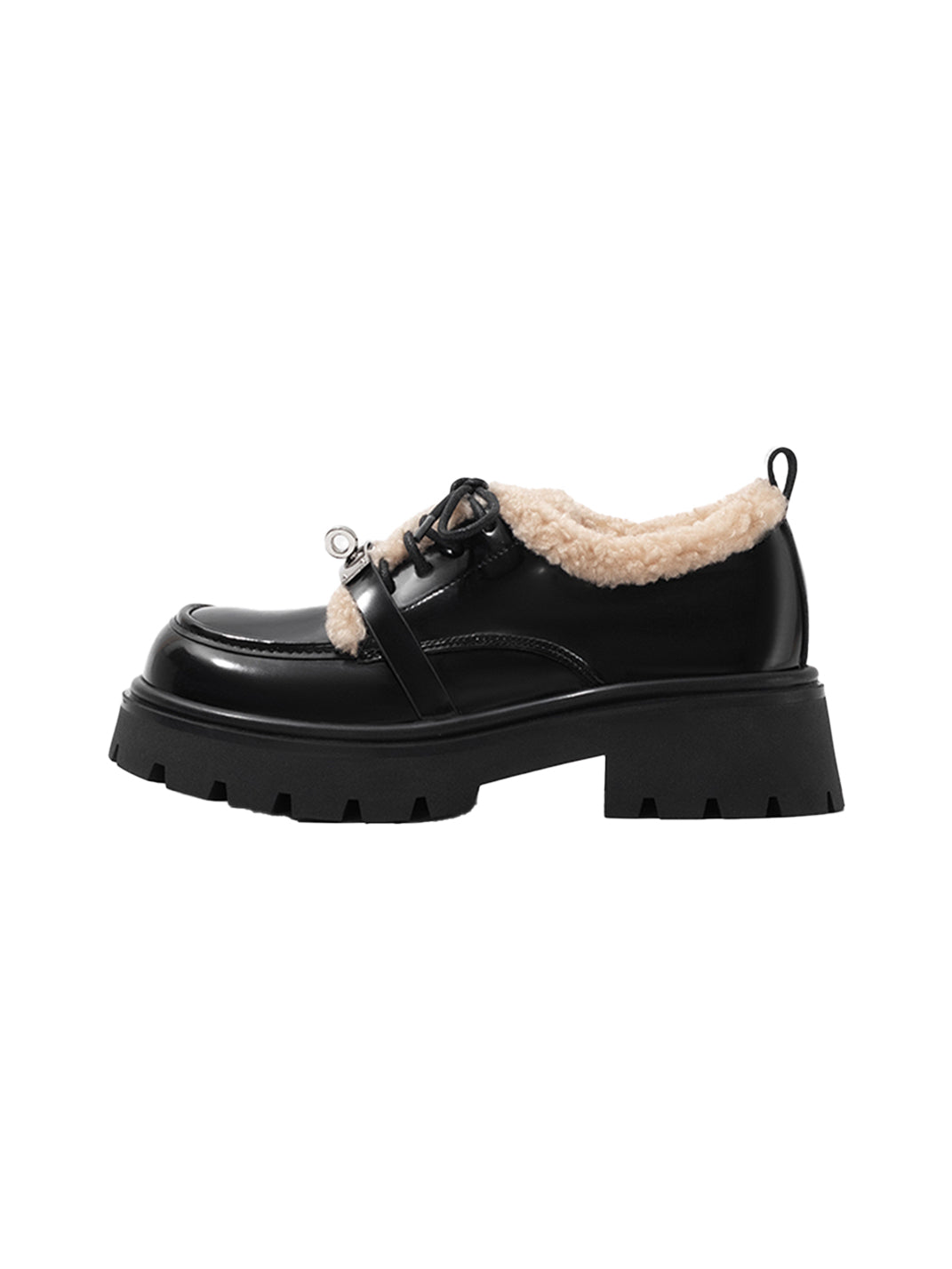 Fleece-Collar Patent Platform Oxford Shoes